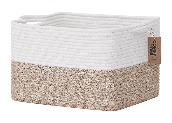 COMFY-HOMI Cotton Rope Woven Basket with Handles for Shelves,Toys,Book, Cloth Storage Baskets for Organizing-13.5" x 11" x 9.5" Toy Decorative Organizer for Living Room, Bathroom （White/Brown)
