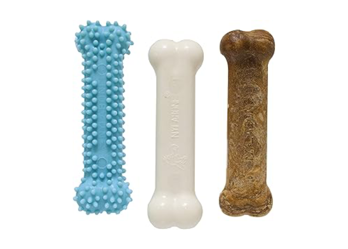 Nylabone Puppy Chew Toys & Natural Treat Triple Pack, Blue, Chicken & Bacon Flavor, Small - Up to 25 Ibs, 3 Pack